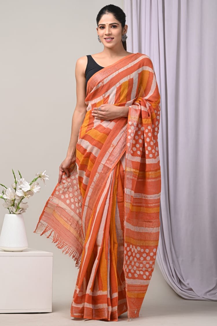 Hand Block Printed Linen Saree with Blouse